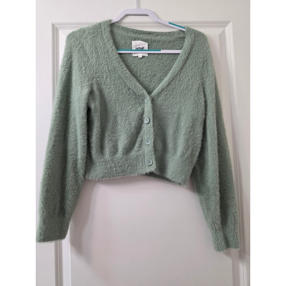 Aerie Eyelash Knit Cropped Cardigan Sage Green Fuzzy V-Neck Sweater Small